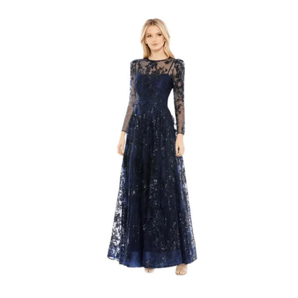 NWT Mac Duggal Embroidered Illusion Sleeve A-Line Dress In Navy Blue Size 14 - Picture 1 of 10